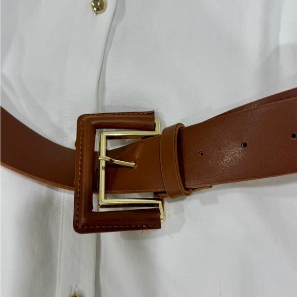 Zara White Belted Gold Button-Down Shirt Dress (Size Small) - Picture 7 of 11